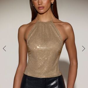 NWT Oh Polly Tindra Embellished Jersey Backless Top Gold Sequin Halter